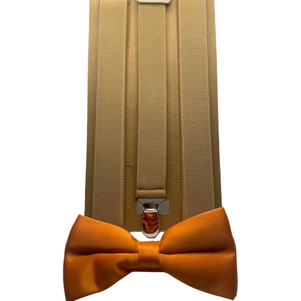 Khaki Tan Suspenders and Orange Bow Tie Set